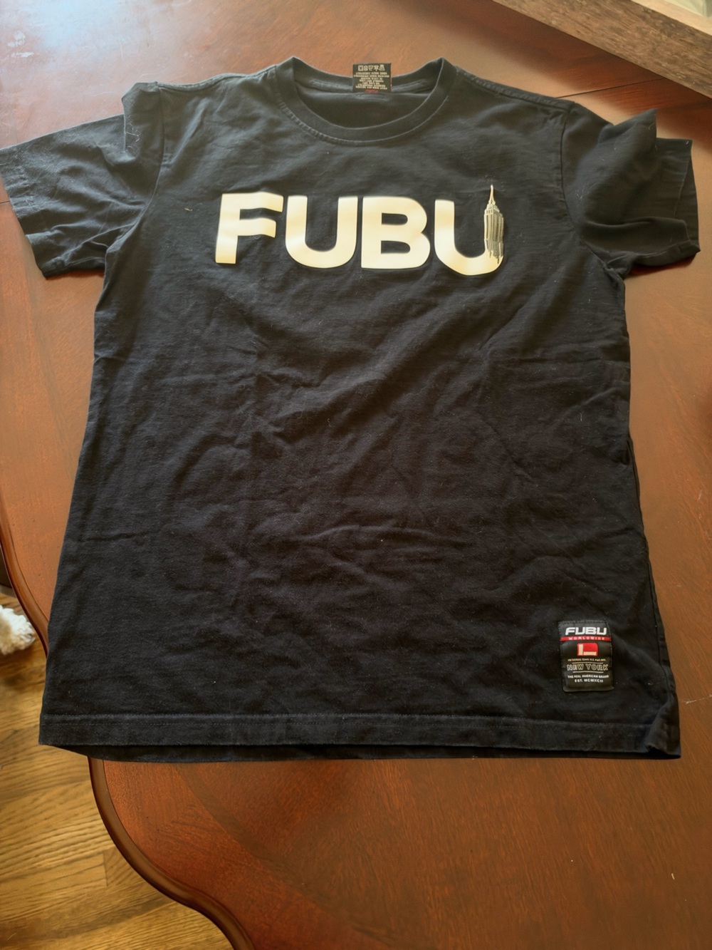 FUBU Black Short Sleeve Logo Tee with White Print Empire State vintage rare htf